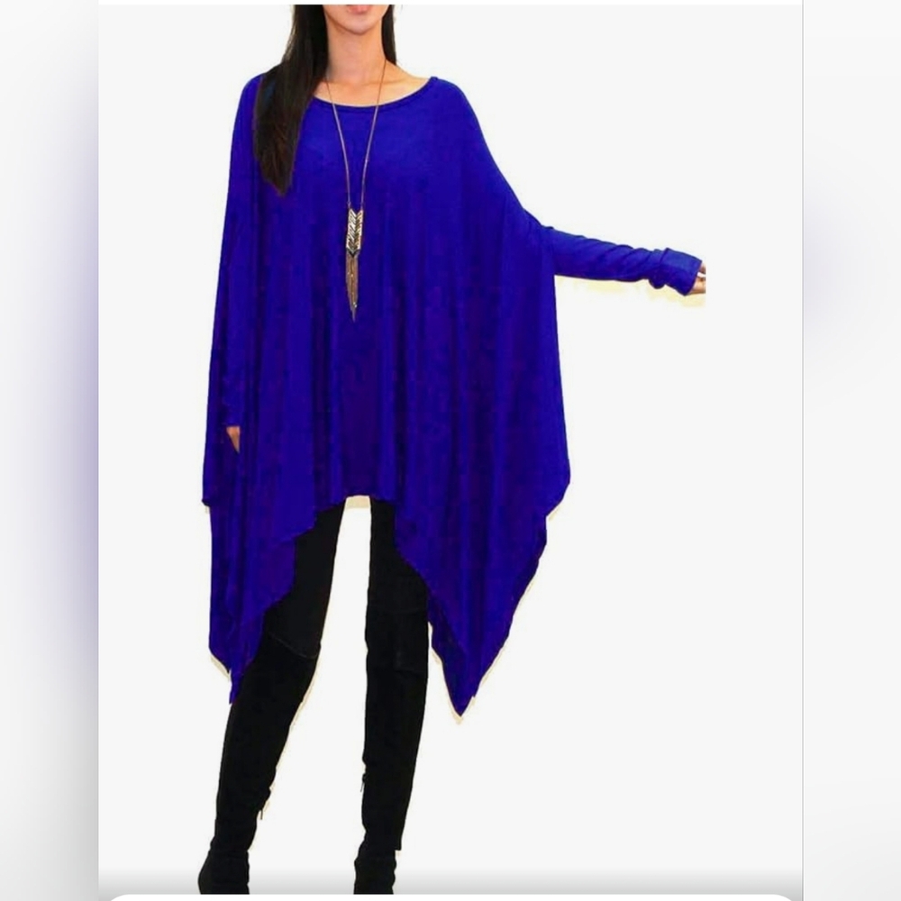 Royal Blue Women's Loose Bat Wing Dolman Poncho Dress Top LONG SLEEVE ONESIZE